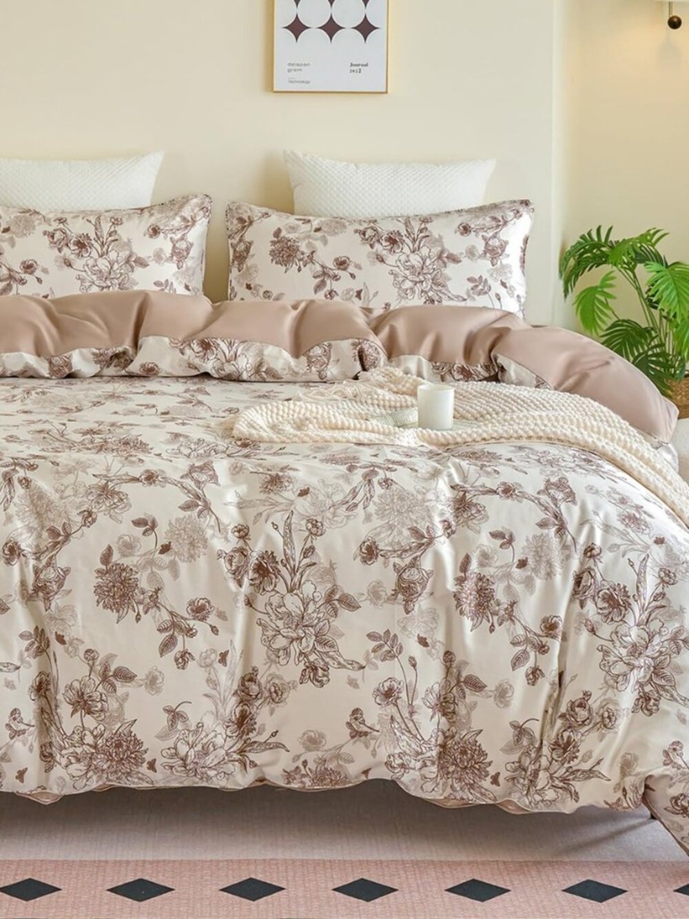 Brown Floral Duvet Cover Set 100% Percale Cotton King Size Shabby Vintage Toile